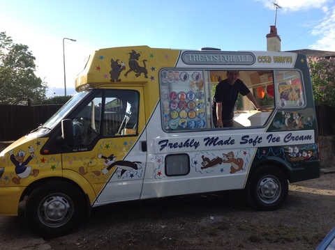 Yellow, white and racing green Whitby morrison ice cream van treats for all ice cream in cheshire with Disney characters hand painted on it